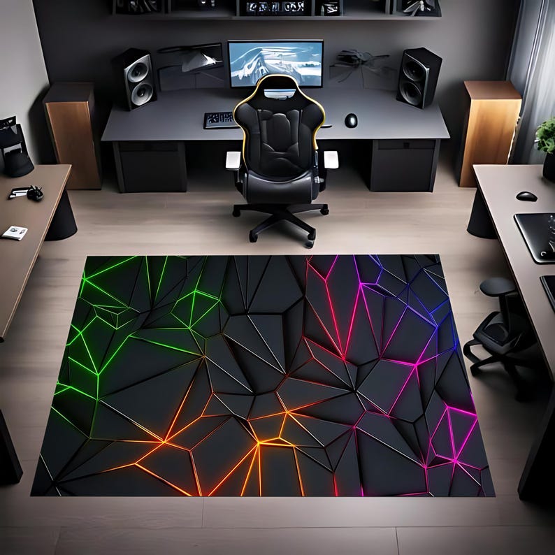 3D Neon Rug, Geometric Rug, Non Slip Rug, Gaming Room Rug, Kids Room ...
