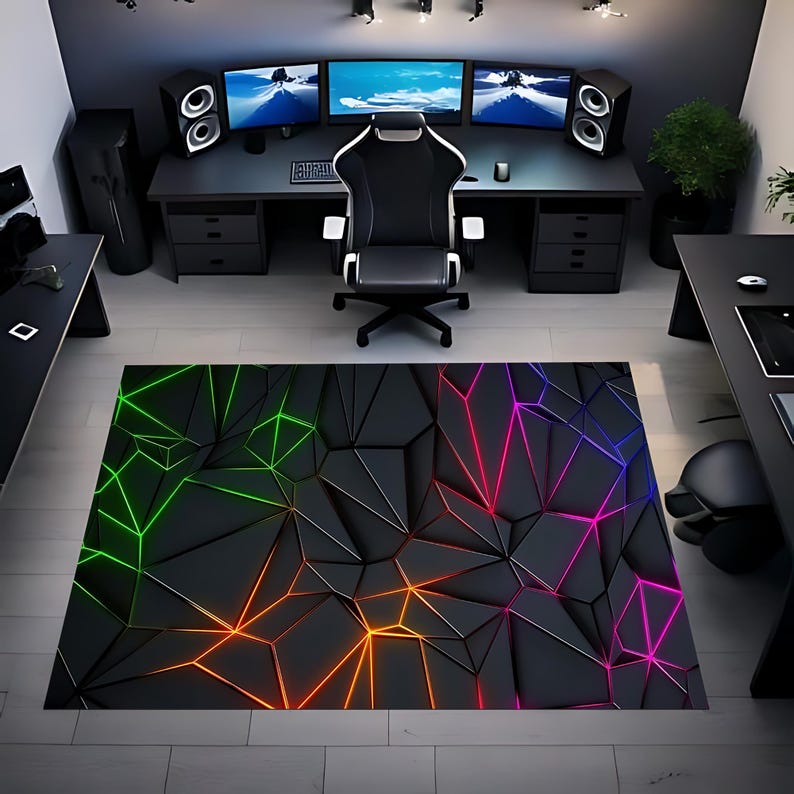 3D Neon Rug, Geometric Rug, Non Slip Rug, Gaming Room Rug, Kids Room ...