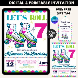 invitation d'anniversaire en patins à roulettes, anniversaire d'enfants rétro, modèle d'invitation, imprimable modifiable, carte d'anniversaire d'enfants colorée, étiquette cadeau