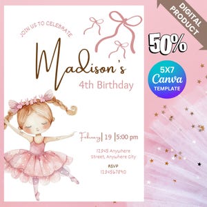 Ballerina Birthday Invitation, Modern Ballerina, Ballet Dancer, Girl Birthday Invitation, Editable Digital Template, instant download