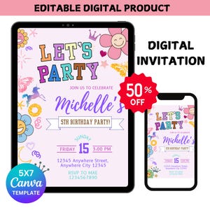 May include: A digital invitation template for a 5th birthday party. The invitation features a purple background with colorful text that says "Let's Party" and "Michelle's 5th Birthday Party!" The invitation also includes a unicorn, a crown, and other colorful decorations.