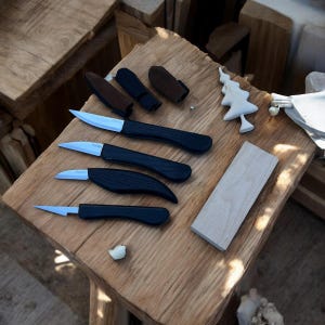 Set di coltelli per intaglio del legno per principianti: manico in frassino, utensili per intaglio in 4 pezzi e protezione per le dita con barra di taglio