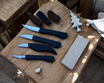 Beginner Wood Carving Knife Set: Ash Handle, 4-Piece Whittling Tools and finger protection with a cutting bar