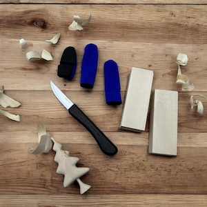 Beginner Whittling Kit: Wood Carving Knife, Finger Guards & Wood Blocks