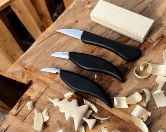 Beginner Wood Carving Kit: 3-Piece Whittling Tools & Wood Block