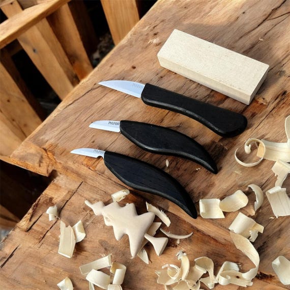 Beginner Wood Carving Kit: 3-Piece Whittling Tools & Wood Block