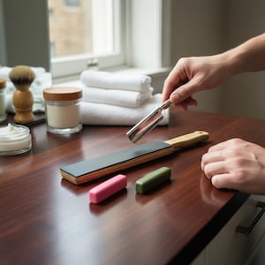May include: A straight razor with a wooden handle is held above a black leather strop. Two small bars, one pink and one green, are on the wooden surface. A shaving brush, cream, and a jar are also visible.