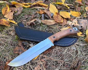 Walnut Handle Camping Knife: High Carbon Steel Bushcraft Knife with Leather Sheath