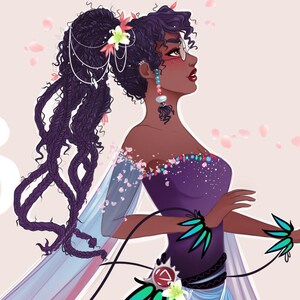 May include: Digital illustration of a woman in a fantasy outfit. She wears a purple top, a white and blue skirt, and teal boots. Her long, dark hair is styled with flowers and a long, flowing cape. Pink petals float around her.