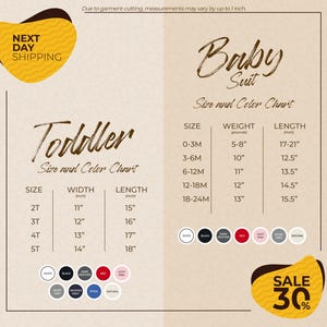The image is a promotional flyer for a clothing store, displaying size and color charts for toddler and baby suits. The flyer includes a sale offer of 30% off on the baby suit.