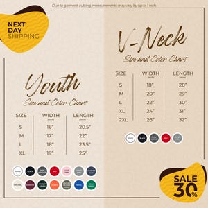 The image is a promotional graphic for a clothing store, displaying size and color charts for youth and v-necks. The chart provides measurements for different sizes, including S, M, L, XL, and 2XL, along with corresponding widths and lengths. The chart also includes color options for each size, such as white, black, red, pink, and green. The image includes a sale promotion with a 30% discount, and there are various color swatches displayed for the different sizes.