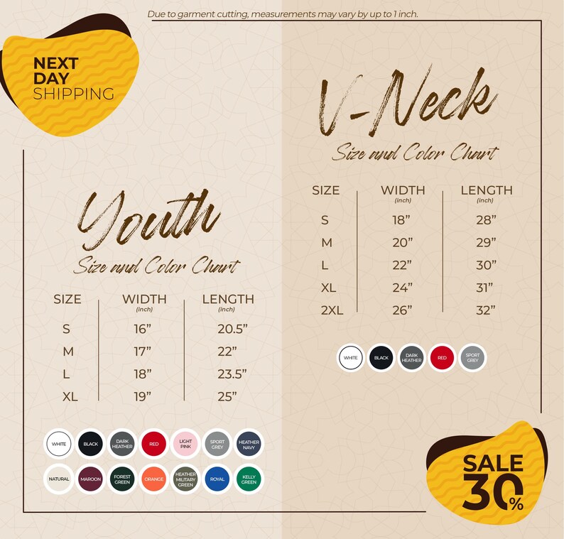 The image is a promotional graphic for a clothing store, displaying size and color charts for youth and v-necks. The chart provides measurements for different sizes, including S, M, L, XL, and 2XL, along with corresponding widths and lengths. The chart also includes color options for each size, such as white, black, red, pink, and green. The image includes a sale promotion with a 30% discount, and there are various color swatches displayed for the different sizes.