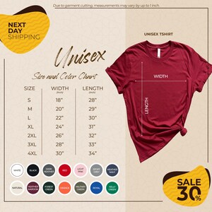 The image is a promotional graphic for a clothing brand, specifically an unisex t-shirt. It features a red t-shirt with size and color charts, along with a variety of colors and sizes displayed. The image also includes a sale offer of 30% off.