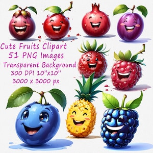 Cute Fruits Clipart, Cute Food, Kawaii Fruit Clipart, Funny Fruits, Transparent Png, Watercolor Cute Fruits Clipart, Summer Fruits Clipart