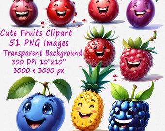 Kawaii Fruits Clipart: 51 Watercolor PNG Images (Digital Download)