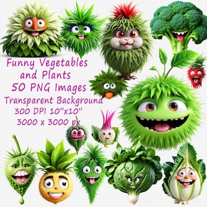 Lustiges Gemüse Clipart, niedliches Pflanzen PNG, lustiger Cartoon Clipart Aufkleber, Clipart, Kinder-Kinderzimmer-Kunst für Kunsthandwerk und digitale Designs, Set 1