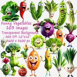 Lustiges Gemüse Clipart PNG | Niedliche Lebensmittel Clipart Aufkleber für Kinder, Kinderzimmer-Kunst, digitale Designs & T-Shirt-Design