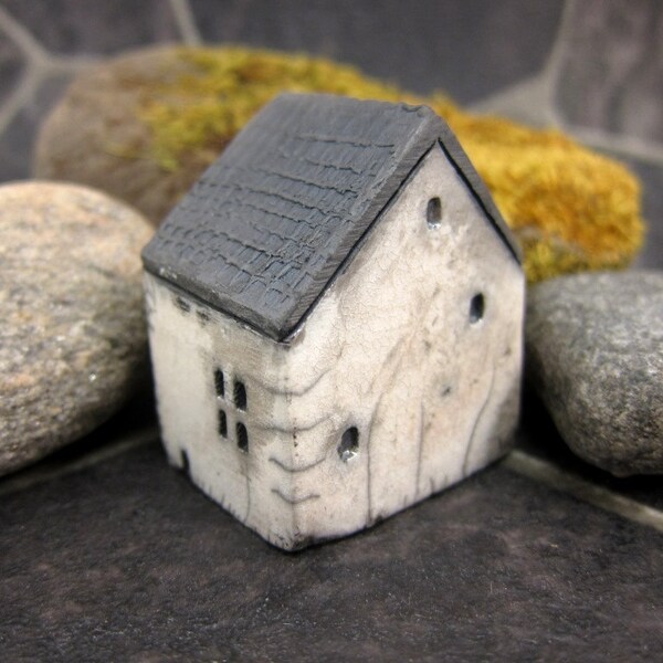 Rustic WHITE Cottage...Raku Fired Miniature House