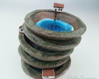 Blue Lake Inn #3...ONE Wee Trinket Dish in Earthenware & Recycled Glass by elukka