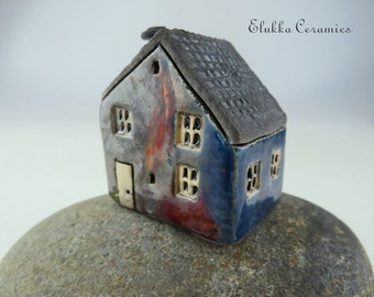 Collectible Miniature RAKU House by elukka...INDIGO & COPPER