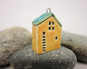 Upstairs Downstairs...OOAK Miniature House Pendant in Stoneware by elukka...Orange