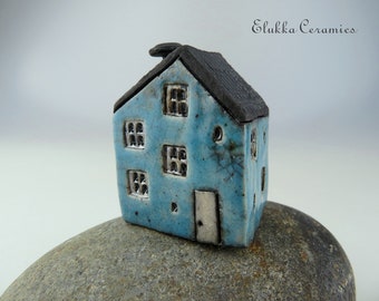 Collectible Miniature RAKU House by elukka...Sky Blue