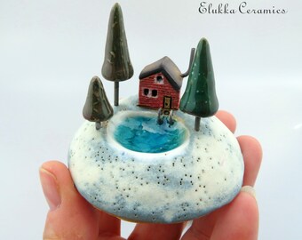 Old Sauna Cottage...Tiny Ceramic Landscape Nugget by elukka