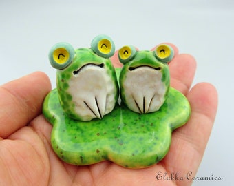 Frog Duo on Duckweed...Collectible Ceramic Animal Figurines by elukka...Tropical Green #2