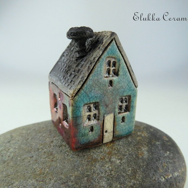 Collectible Miniature RAKU House by elukka...BLUE & COPPER