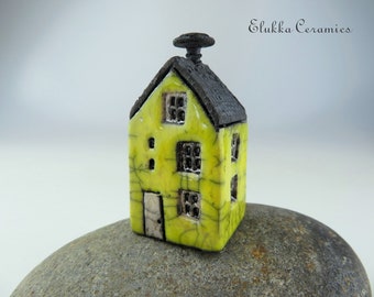 Collectible Miniature RAKU House by elukka...LEMON YELLOW