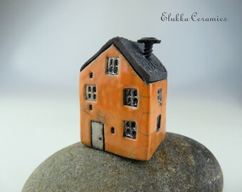 Collectible Miniature RAKU House by elukka...ORANGE #1