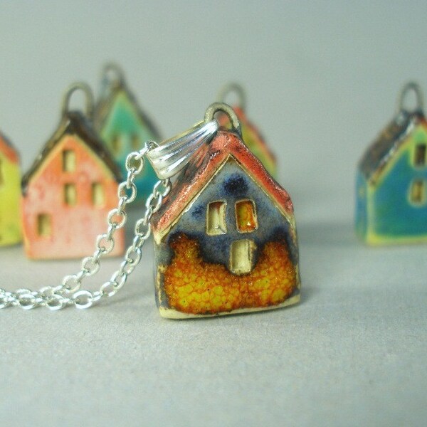 Sunset ORANGE-BLUE - Minitaure House Pendant in Stoneware