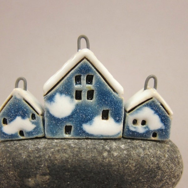 Sky Cottages...Set of Porcelain House Pendant and Earrings