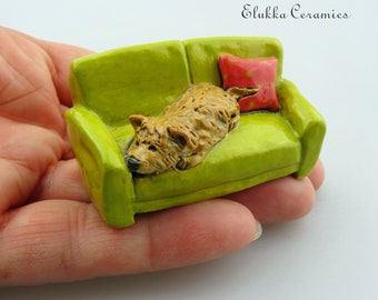 Nappin Shaggy Terrier Mix...Miniature Ceramic Sculpture by elukka