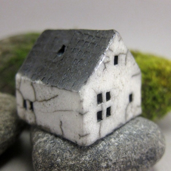 WHITE Farmhouse...Raku Fired Miniature House Ornament