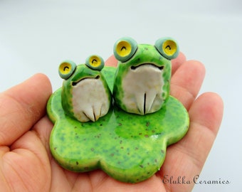 Frog Duo on Duckweed...Collectible Ceramic Animal Figurines by elukka...Tropical Green #1