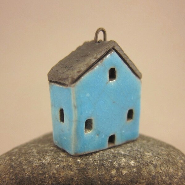 Turquoise Blue Cottage...Raku Pendant / Necklace
