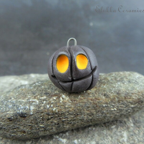 Black Pumpkin #5...Ceramic Pendant by elukka...Halloween 2023 Collection