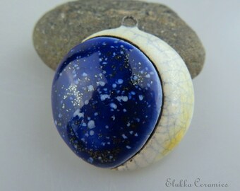 Crescent Moon...Ceramic Pendant by elukka...Glittery Indigo Galaxy