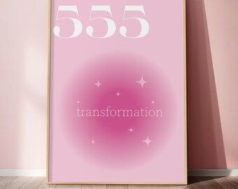 May include: A pink poster with the number 555 in white text and the word "transformation" in white text below a pink circle with white stars.