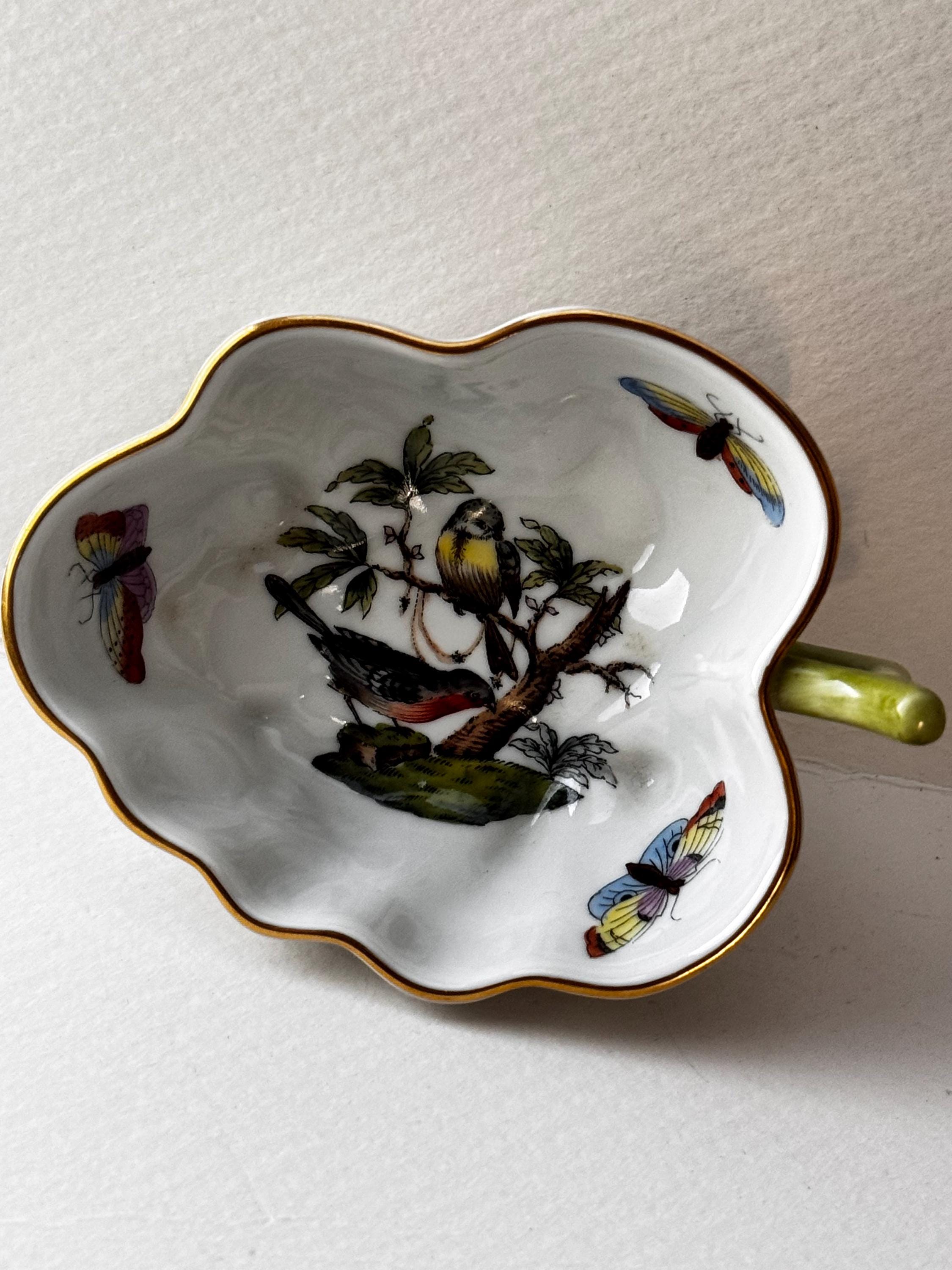 ヘレンド・ロスチャイルド作 野鳥と蝶の葉の皿 - グリーンハンドルの