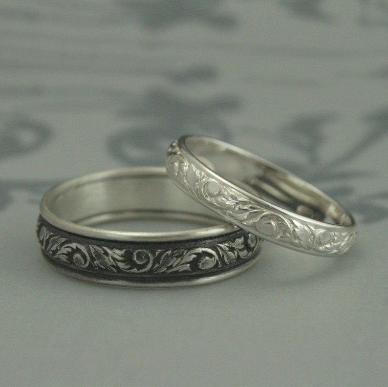 Silver Wedding Band Leaf Patterned Wedding Band Men's Wedding Ring Silver Leaf and Swirl Ring Handmade in USA with Recycled Silver Baroque image 3