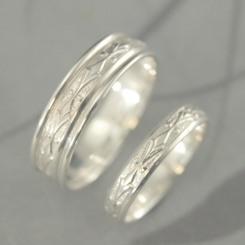 Silber Hochzeit Set Seine und Sie Eheringe Silber Eheringe Edwardian Bands Geometrische Ring Set Seine und Sie Silberringe Blazer Kunst Bild 4