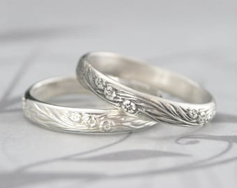 Floral Ring Sterling Silver Forest Meadow Wedding Ring Flower Embossed Ring Forest Wedding Nature Forget Me Not Flower Ring Leaves Garden