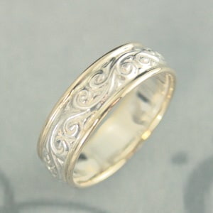 Flourish Wedding Ring 6mm Gold Edged Silver Pattern Ring Two Tone Wedding Band Gold and Silver Ring Elegant Design His or Hers Wedding Band
