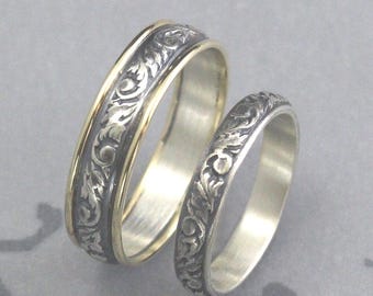 Bands His and Hers Ring Pattern Wedding Band Men’s Wedding Rings Women’s Comfort Fit Rings Gold Silver Ring Set Wedding Rings Two Tone