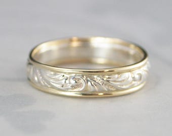 Elegant Gold and Silver Wedding Band Florence Flourish Embossed Silver Ring with Solid Gold Edges Handmade Blazer Arts Exclusive