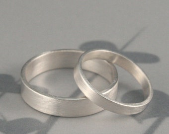 Silver Wedding Band Set--His and Hers Bands--Straight and Narrow Sterling Silver Flat Edge Wedding Ring Set Custom Made in YOUR Sizes