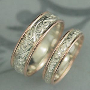 ツートーンの結婚指輪セット、彼と彼女のツートーンリング、女性用結婚指輪、男性用結婚指輪、カップル用指輪、ゴールドエッジリング、ツートーン柄の指輪 画像 4