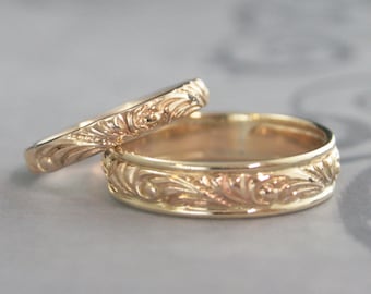Solid 14K Gold Wedding Band Set Florence Flourish Vintage Style Wedding Rings for Him and Her Gold Wedding Ring Set Handmade in the USA
